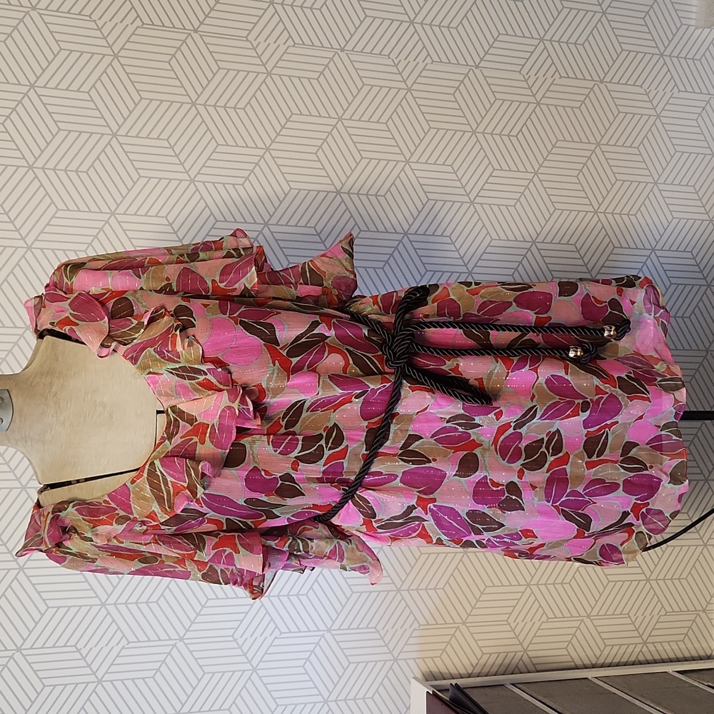 Milly of New York Pink Gold Floral Silk Mini Dress with Rope Belt Women's Size 8